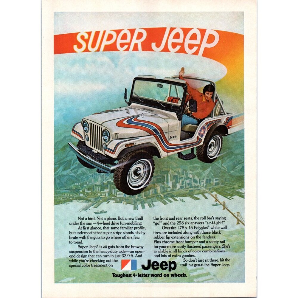 1973 Super Jeep CJ Vintage Print Ad Manhattan Aerial Drawing NYC 70s Wall Art